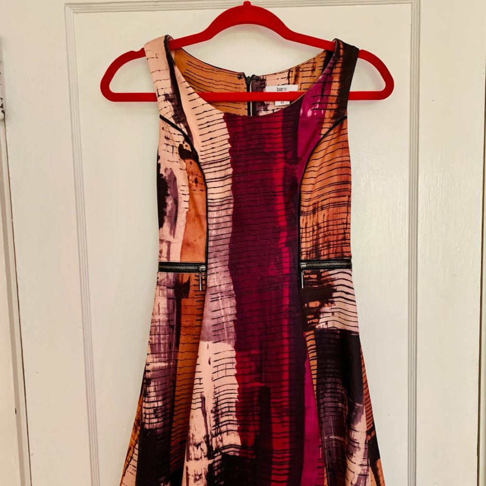 Abstract fit/flare dress with zipper details